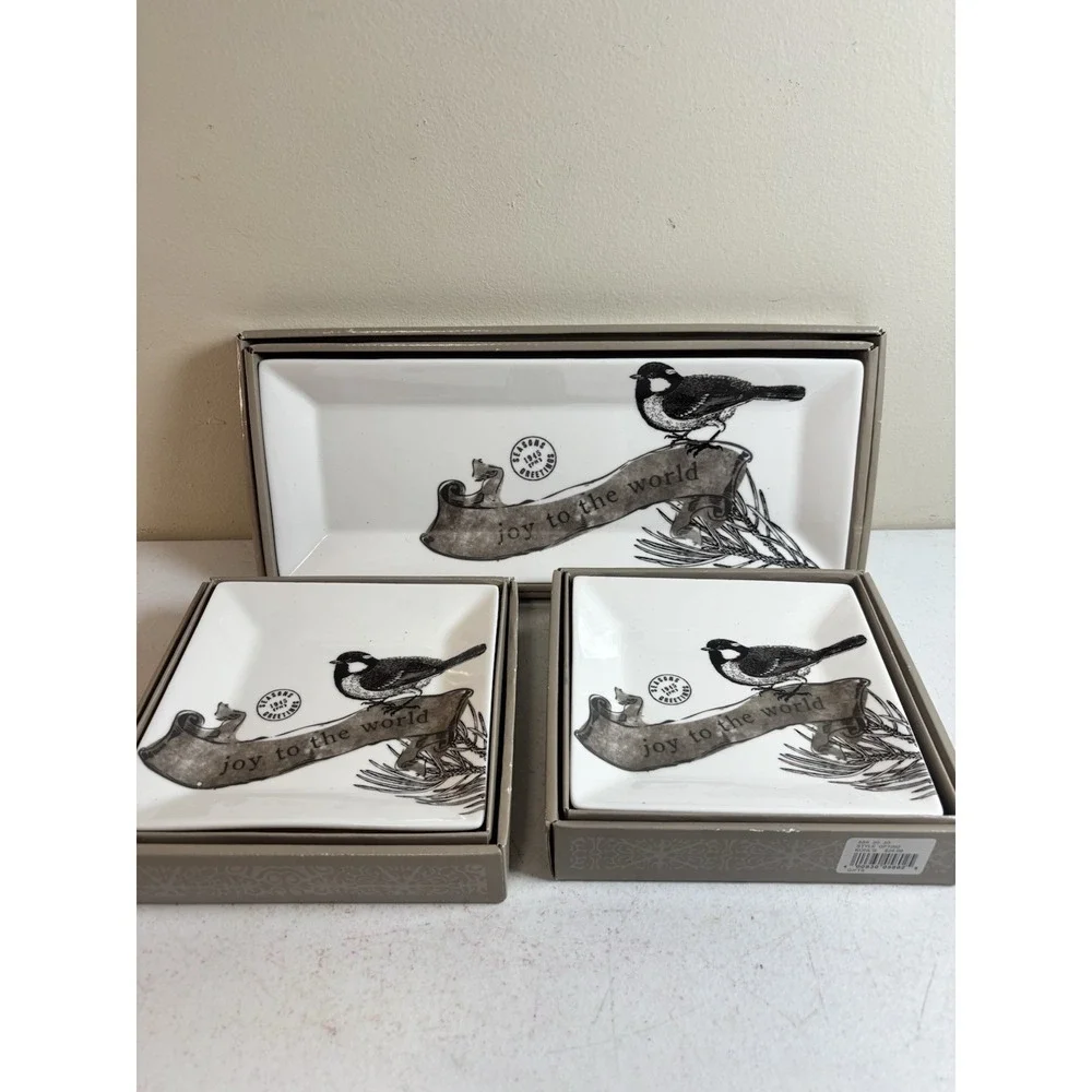 St. Nicholas Square JOY TO THE WORLD Snack Tray And 4 Snack Plates NIB